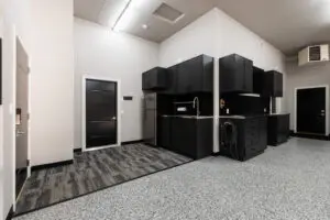 Luxury kitchen with refrigerator and hand basin