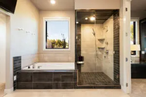 Luxury washroom with a bathtub and separate bath space