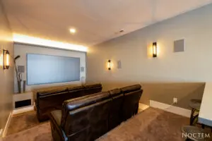 Home theater set up in the hall with sofas